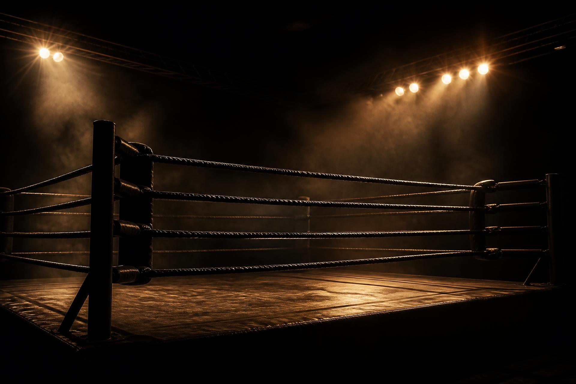 Muay Thai ring lit by stadium spotlights